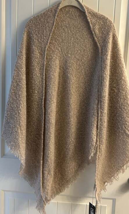 Justin & Taylor Sweaters - Justin & Taylor Beige Boucle Knit Fringed Wrap Shawl Poncho